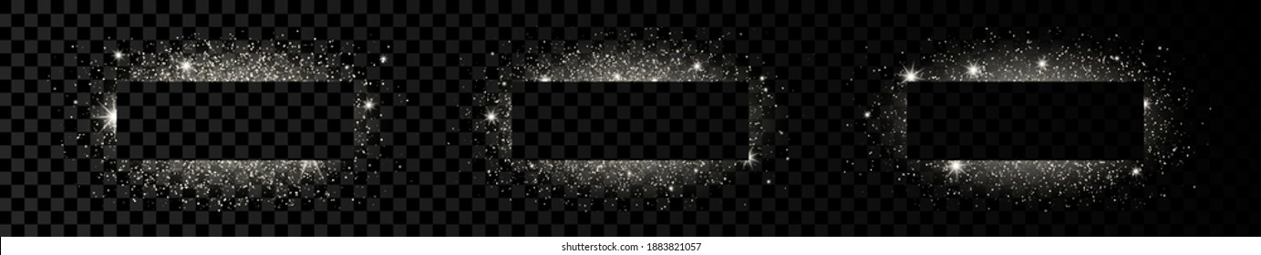 Set of three silver rectangle frames with glitter, sparkles and flares on dark transparent  background. Empty luxury backdrop. Vector illustration.