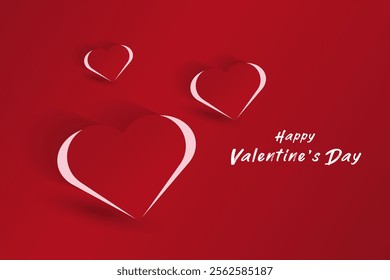 Set of three simple and artistic hearts design with a white and red heart outline casting a shadow, set on a red background with holiday-themed text in pink.