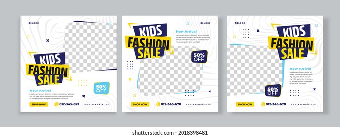 Set Of Three Simple Background Of Kids Fashion Sale Banner Social Media Pack With Blue Yellow Color Template Premium Vector