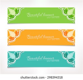 Set of three simple banners with abstract lotus flower in the corner in verdant, orange and turquoise version
