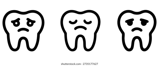A set of three simple black and white line art icons depicting human molar teeth expressing sadness, pain, or sickness, isolated on a white background.