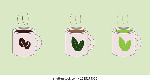 set of three simple cups with coffee and tea on green background