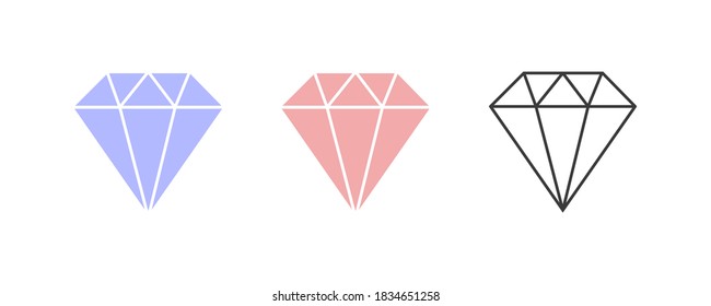 Juego de tres simples iconos de diamante en diferentes colores sobre fondo blanco. Elemento de diseño. Ilustración vectorial.