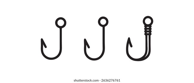 Set of three simple fishing hooks with minimalist design on white background.