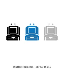 A set of three simple flat icons representing vintage computer monitors in black blue and gray color variations.
