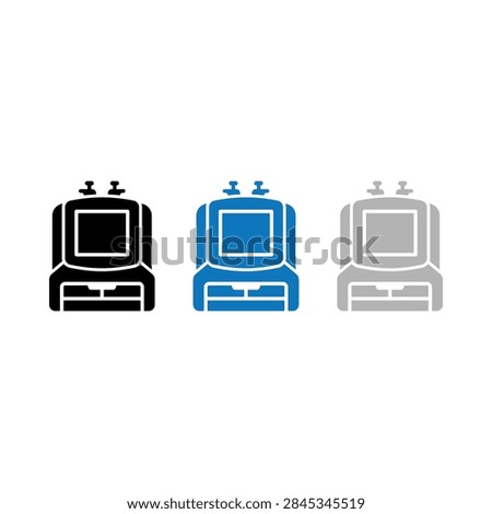 A set of three simple flat icons representing vintage computer monitors in black blue and gray color variations.