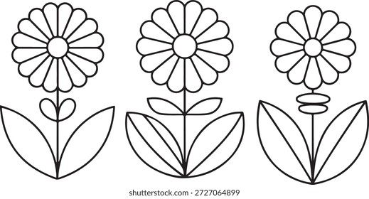Conjunto de três flores simples estilo de arte folclórica, ilustração vetor de arte de linha