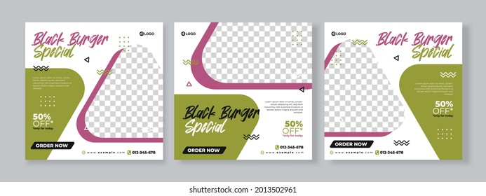 Set of three simple geometric splash background of black burger promotion banner social media pack template premium vector