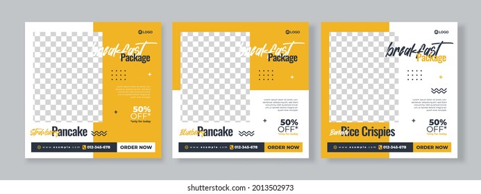 Set of three simple geometric squared background of breakfast menu promotion banner social media pack template premium vector