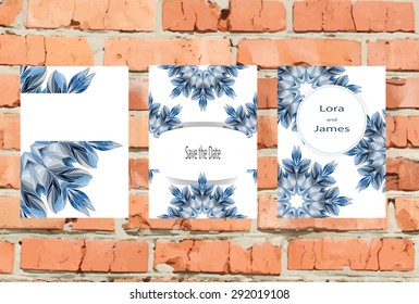 Set of three simple greeting cards with snowflakes on the brick background. Can be use as save the date, births day, invitation cards. Cover design. Abstract background. Stock vector.