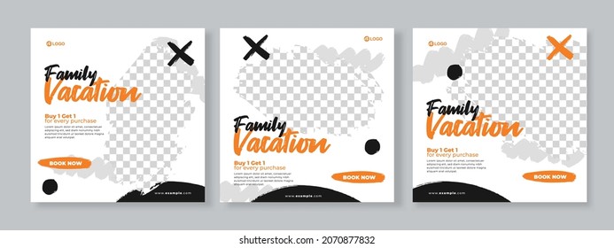 Set of three simple grunge brush background of travel family vacation promotion banner social media pack template premium vector