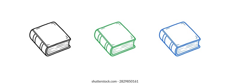 A set of three simple hand drawn sketch style book icons shown in an isometric perspective with black green and blue outlines
