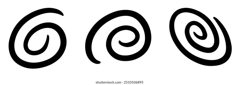 A set of three simple hand-drawn spiral icons in black, perfect for artistic, design, and decorative projects.