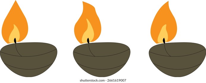 Un conjunto de tres ilustraciones simples que representan las tradicionales lámparas de aceite de diya indias con llamas brillantes. Perfecto para Diwali, temas espirituales y culturales de celebración