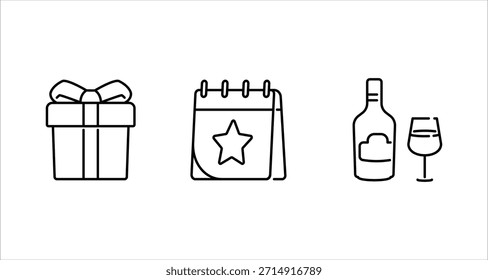 Un conjunto de tres íconos de arte de línea simples que representan los Elementos de celebración: un regalo envuelto, un calendario con una estrella y una botella de vino con una copa