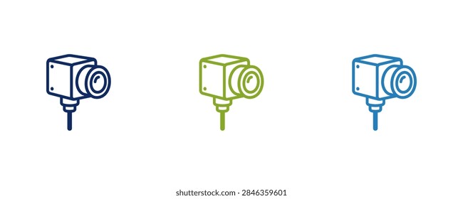 A set of three simple line art icons representing a security camera. Each icon is a different color - dark blue, yellow, and light blue.