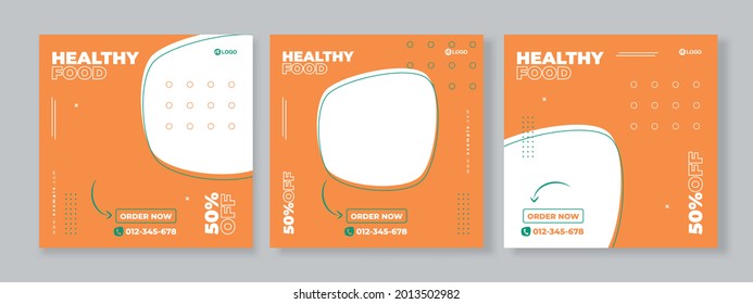 Set of three simple memphis background of healthy food promotion banner social media pack template premium vector