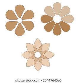 Conjunto de três flores simples, minimalistas em tons de marrom. Perfeito para designs naturais e terrosos