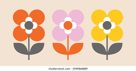 Set of three simple modern flowers. Mid century modern