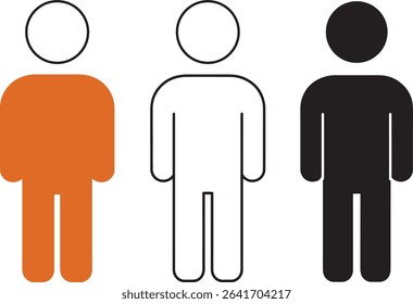 Set of three simple person icons isolated on white background.  Orange, white, and black color variations.  Suitable for web design, apps, and presentations.