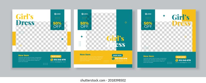 Set of three simple rectangle background of kids fashion sale banner social media pack with green yellow color template premium vector