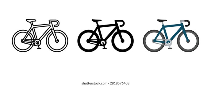 Set of three simple road bike icons in outline solid and colorful styles Vector