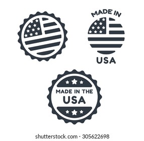 Set of three simple round Made in USA icons isolated on white background.