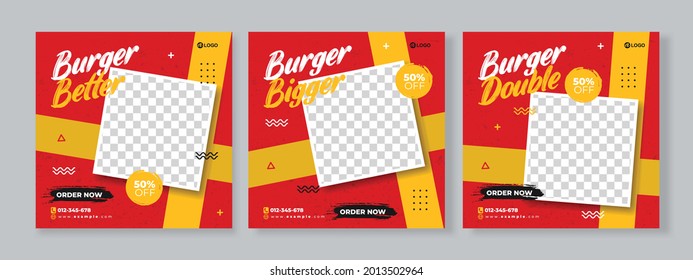 Set of three simple square photo background of burger promotion banner social media pack template premium vector