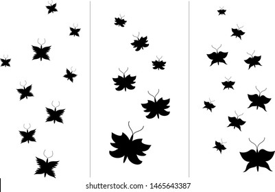 Set of three simple swarms of black butterflies silhouettes, isolated, white background, vector graphics, vector illustration
