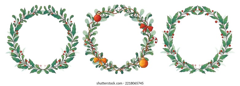 Set of three simple vector Christmas wreath with holly and mistletoe branches and  leaves. Winter frame for Christmas decoration invitation cards, postcards and posters, banners.