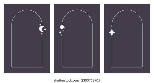 Set of three simple vector frames in a minimalist style. Each frame features a different motif: a planet, a moon, and a star. Perfect for those who value simplicity and elegance.
