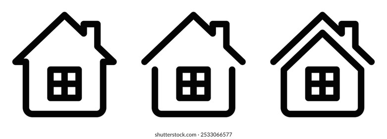 Set of three simple vector house icons, representing real estate, home, or residential properties. Editable stroke