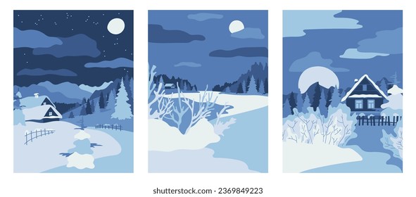 Un conjunto de tres paisajes rurales de invierno sencillos en tonos azules. Elementos de diseño para tarjetas, cubiertas, carteles, volantes, escaparates, decoración de temporada