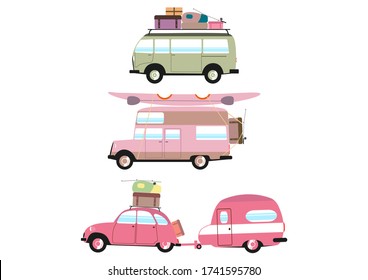 Set of three simplified campers on a white background. Flat vector.