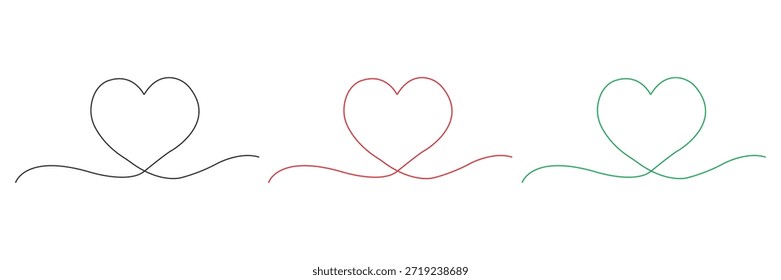 Un conjunto de tres corazones de dibujo de una sola línea en negro, rojo y verde con una línea curva orgánica que fluye que se extiende desde la parte inferior que representa el amor y la conexión