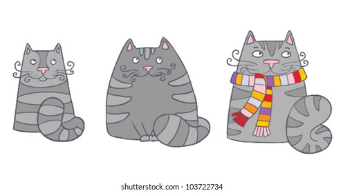 Set of three sitting  fat grey cats