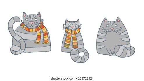 Set of three sitting grey cats