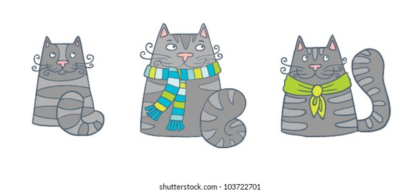 Set of three sitting grey cats