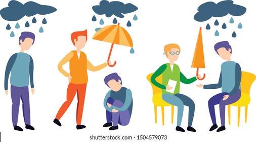 
a set of three situations: a depressed person, a friend supports a melancholy person, a person in depression by a psychologist