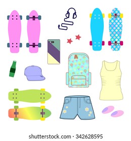 Set of three skateboards for girls with shorts, cap, t-shirt, sneakers, smartphone, headphones, backpack, and drink