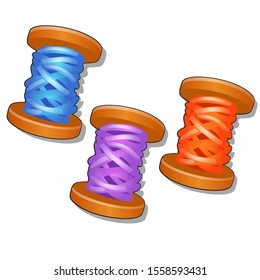 Set of three skeins of thread blue, purple and orange isolated on a white background. Vector cartoon close-up illustration