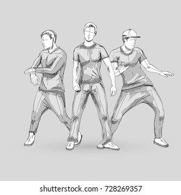 Set of Three Sketch Dancing Males in Different Poses on the Dance Floor