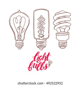 Set with three sketch different bulbs. hand-drawn illustration