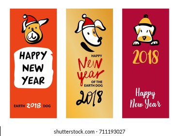 Conjunto de tres perritos de imagen de dibujo. Símbolo chino feliz año nuevo 2018. Ilustración para regalo, invitación, regalo, tarjeta con la silueta vectorial de línea perro. 