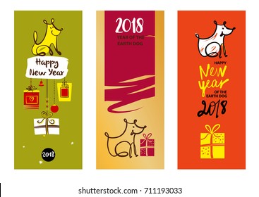 Set of three sketch image dog puppy. Symbol chinese happy new year 2018. Illustration for gift, invitation, present, card with line vector silhouette dog. 