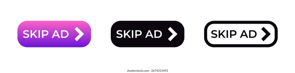 A set of three skip ad buttons in different colors, each featuring a clear arrow for navigation.