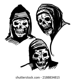 Set of three skulls. Dead evil warriors. Drawing in sketch style. Idea for a tattoo. Vector illustration.