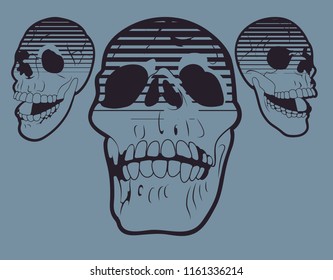 Set of three skulls with a line gradient shading on their foreheads, created from a hand drawn illustration