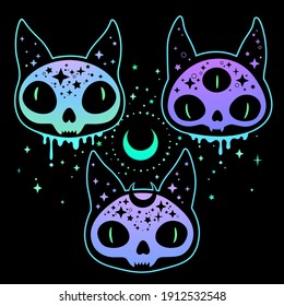 Set Of Three Skulls Of Magical Bright Neon Cats