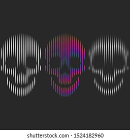 Set three skulls shape graphic print for t-shirt emblem, thin lines neon gradient Halloween collection sticker